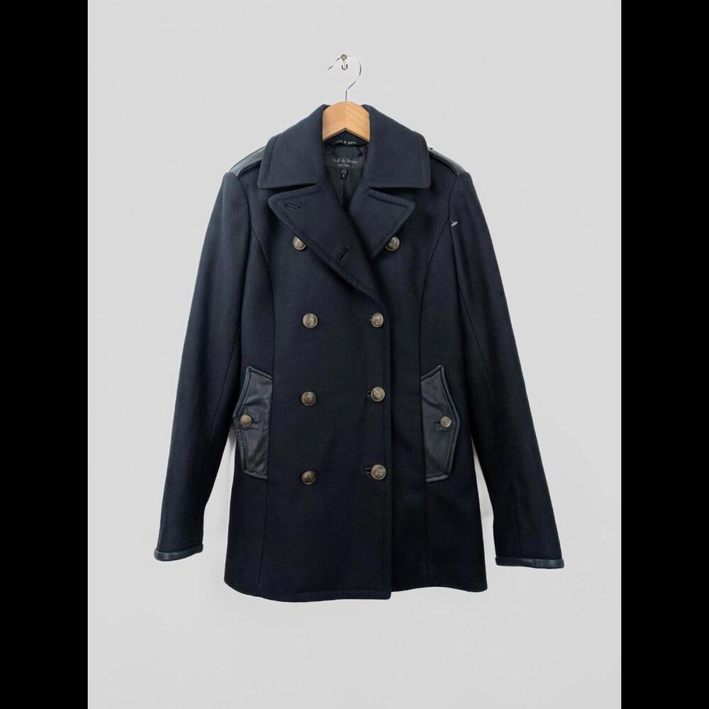 [SOLD] RAG & BONE Women's Sz US XS Black Battle Peacoat Wool Leather Trim USA